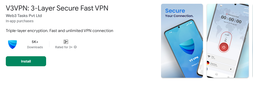 V3VPN app listing on Play Store