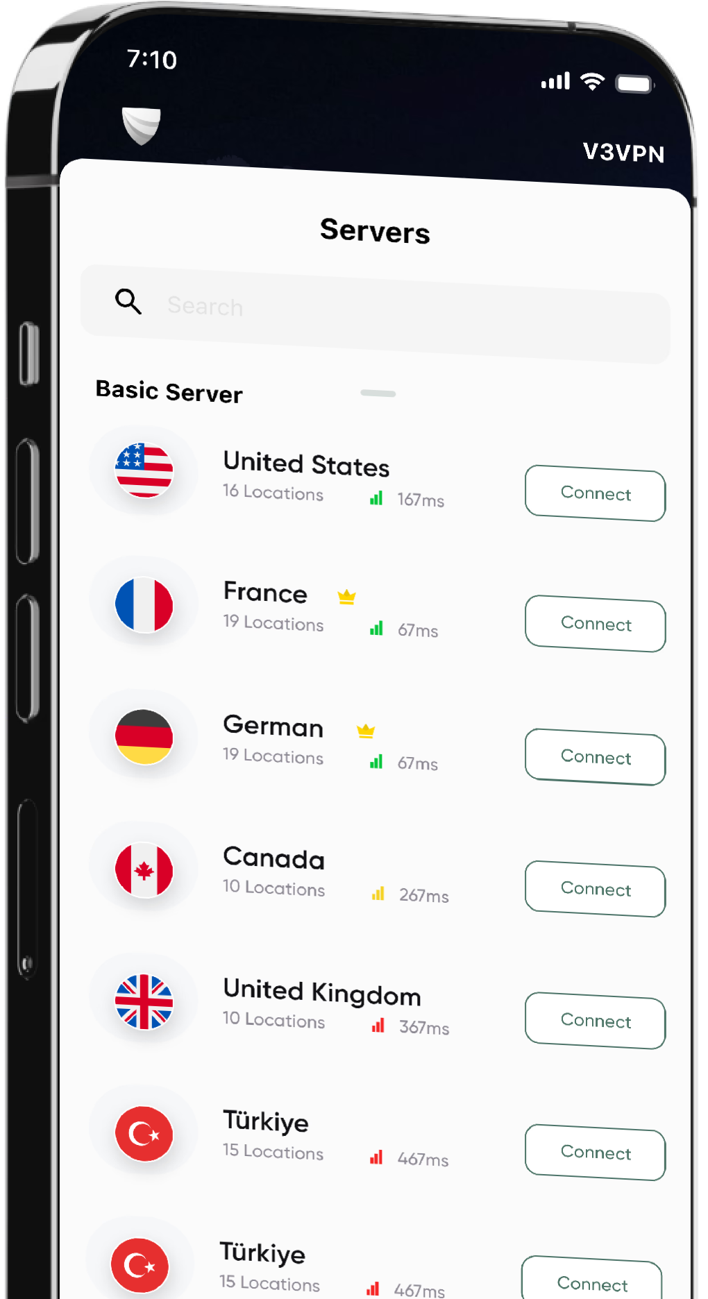 User interface showing V3 VPN phone view