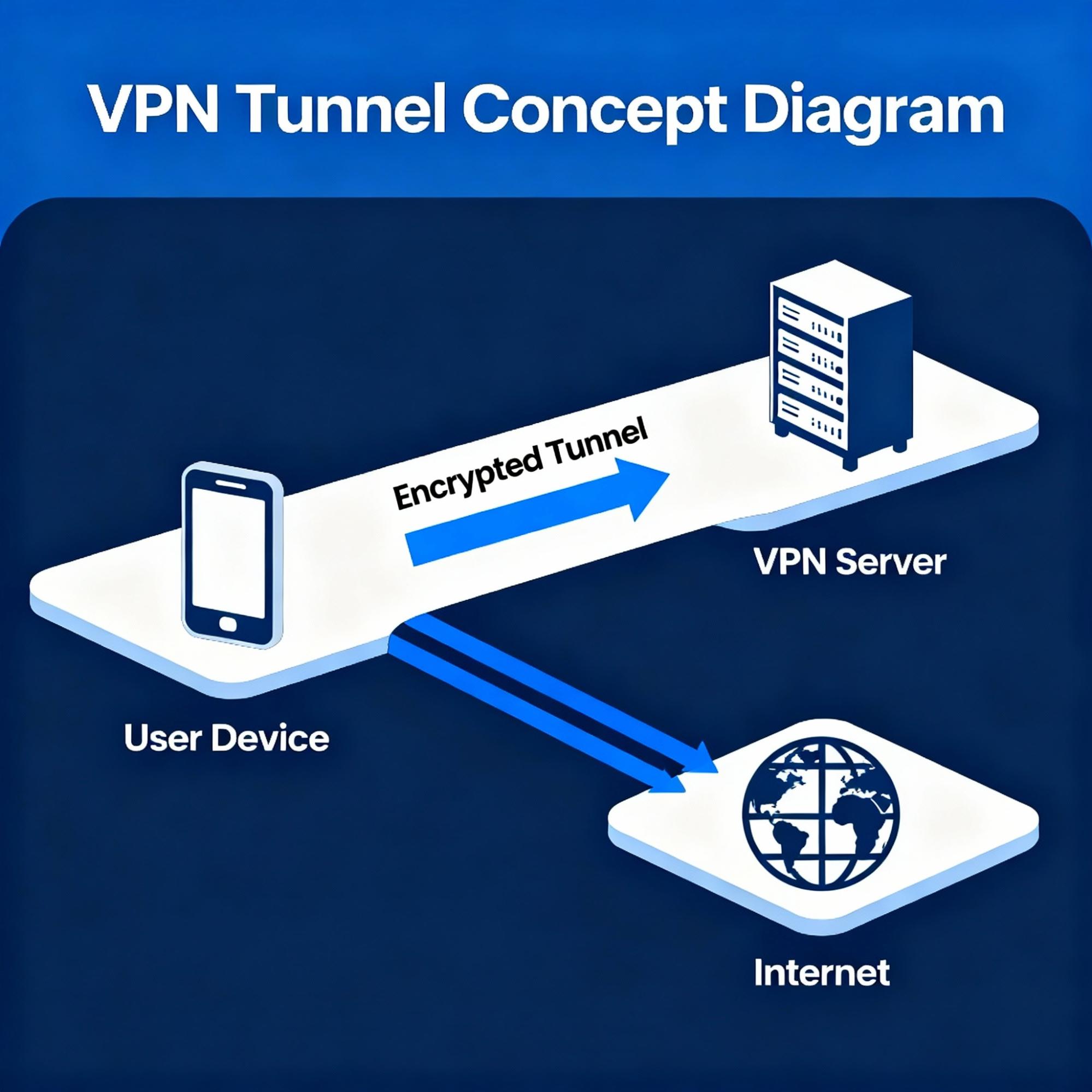 Diagram showing a VPN tunnel between a user device and the internet